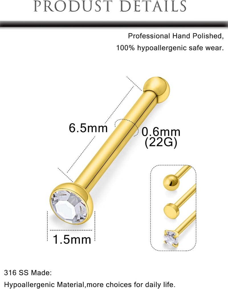 Hoeudjo Nose Studs Surgical Steel Cubic Zirconia Nose Rings Kit for Women Men Tiny Nose Stud Screw & Bone & L Shaped Nostril Rings Piercing Jewelry 22 Gauge 16 Pieces - Image 2